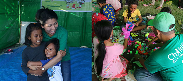 Left: A woman hugs two little girls inside a green emergency tent in Indonesia. Right:A man wearing a ChildFund Emergency Response Staff T-shirt plays blocks with children inside a green emergency tent in Indonesia.